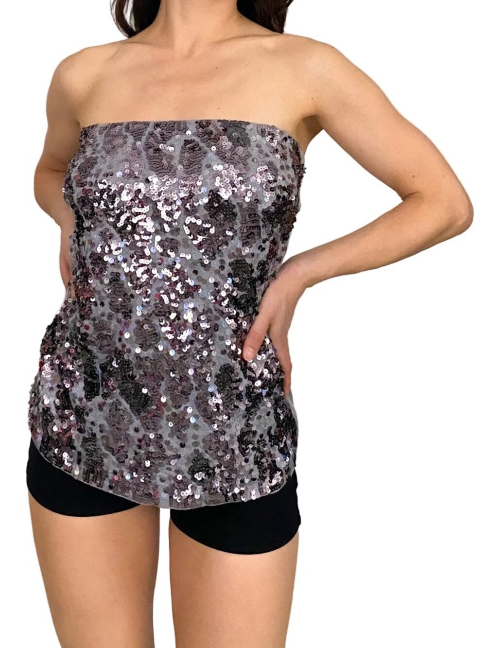 2000s Express silver purple sequin embellished tube top